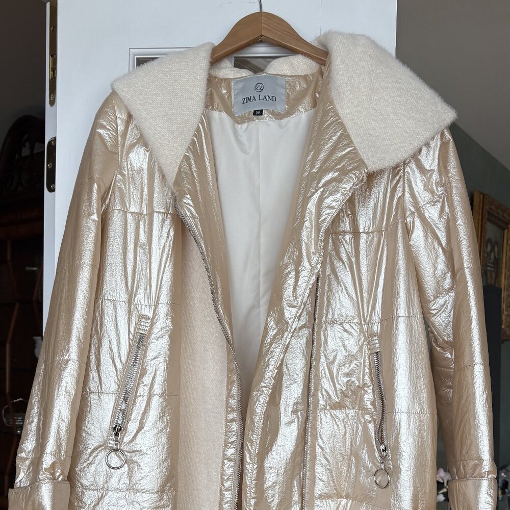 Zima Land Off White Quilted Zip-Up Hooded Puffer Jacket Size 50 EU